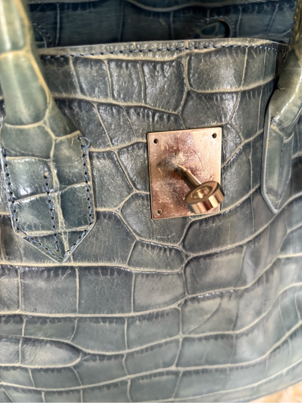 Birkin Designer-Style Croc Embossed Tote Bag in Teal Green - Picture 3 of 10